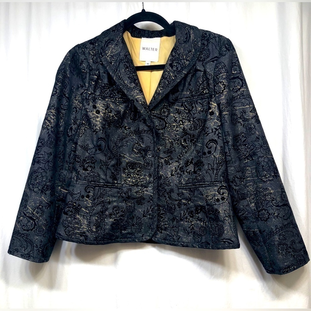 Walter Black Floral Gold Metallic Blazer Jacket Womens Size 10